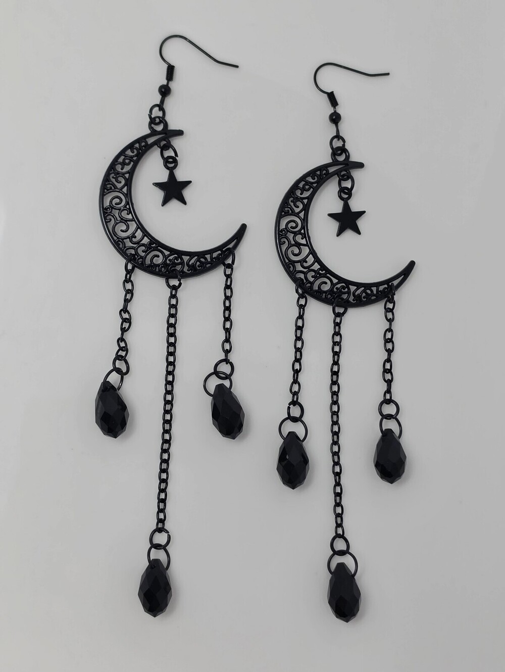 Star Shadow Black Crescent Moon and Star Dangle Earrings